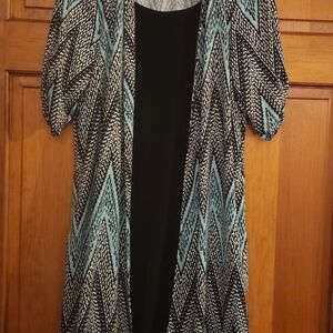 Perceptions Black/teal/Gray Patterned Cardigan Dress Size Medium